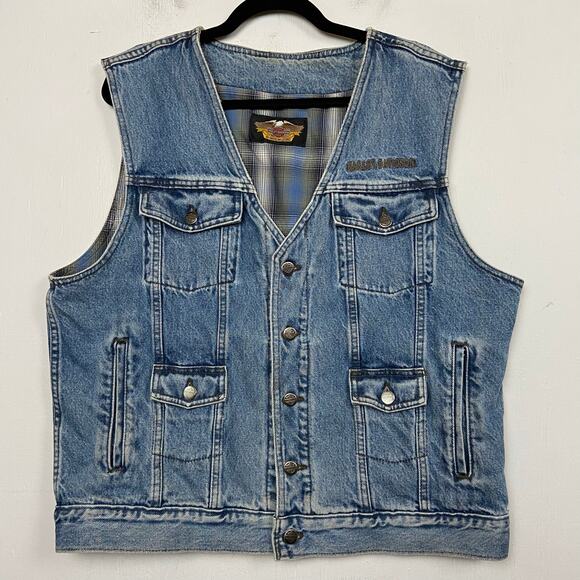 Harley Davidson Mens Blue Denim Plaid Lining Motorcycle Vest VTG Size Large - Picture 1 of 9